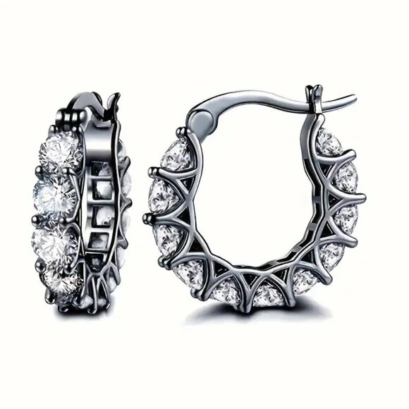 Huggie Hoop MAJOR BLING Earrings #1423 black tone clear stone - Picture 1 of 10